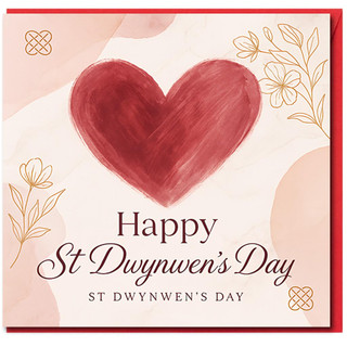 St Dwynwen's Day Card - Happy St Dwynwen’s Day - Romantic Welsh Love Card with Red Heart & Floral Line Art for Partner, Husband, Wife, Boyfriend or Girlfriend
