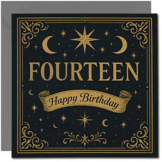 14th Birthday Card, Fourteen Happy Birthday Card with Gold Star and Moon Vintage Design