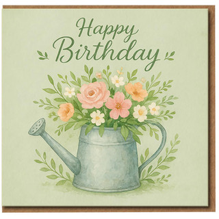 Happy Birthday Card - Watercolour Floral Watering Can Design - Elegant Garden Flowers Greeting Card for Her, Mum, Nan or Friend