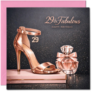 29th Birthday Card, 29 & Fabulous Happy Birthday Card, Glamorous Rose Gold Shoe and Perfume Design