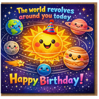 Cute Space Birthday Card - The World Revolves Around You Today - Sun and Planets Cartoon - Fun, Colourful Universe Theme for Kids and Adults - Happy Birthday - Includes Envelope