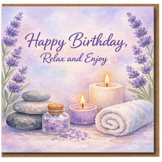 Happy Birthday Card - Relax and Enjoy - Lavender Spa Watercolour with Candles, Stones and Towel - Calming Wellness Theme - For Her or Him