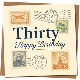 30th Birthday Card, Vintage Postage Stamp Happy Birthday Card