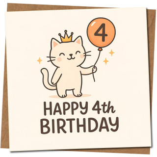 4th Birthday Card, Cute Cat Age 4 Birthday Card