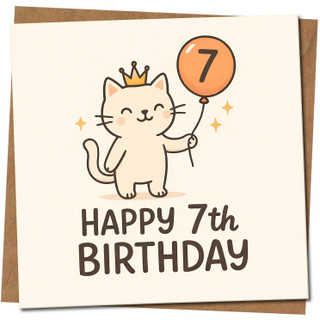 7th Birthday Card for Child Cute Cat and Balloon Design