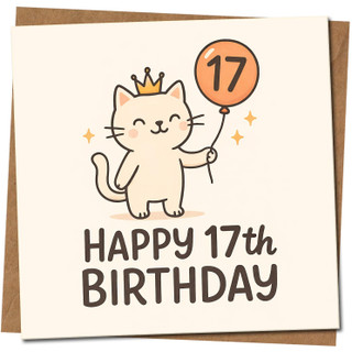 17th Birthday Card, Cute Cat Birthday Card