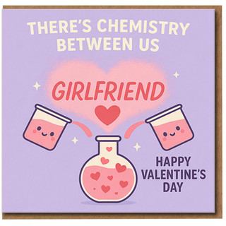 There's Chemistry Between Us - Girlfriend Valentine's Day Card, Cute Science Pun with Hearts and Beakers