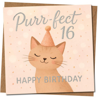 16th Birthday Card, Purr - fect Cat Happy Birthday Card