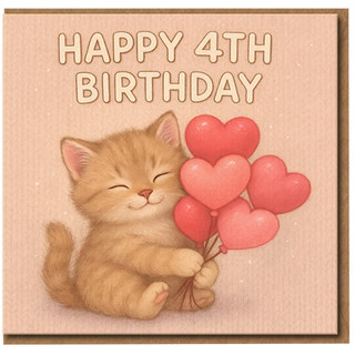 4th Birthday Card, Cute Kitten Holding Heart Balloons, Happy 4th Birthday Card