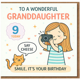 9th Birthday Card for Granddaughter, Cute Say Cheese Birthday Card