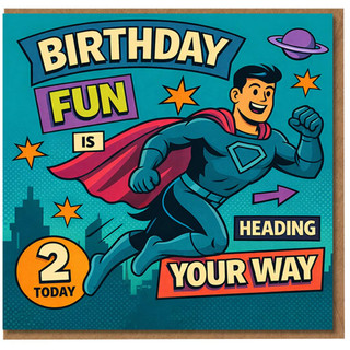 2nd Birthday Card, Birthday Fun Is Heading Your Way Superhero Card