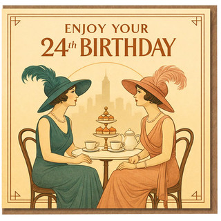 24th Birthday Card, Vintage Tea Party Illustration Card