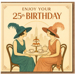 25th Birthday Card for Her, Vintage Tea Party Art Deco Design