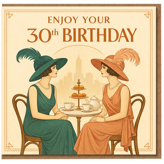 30th Birthday Card, Vintage Tea Party Design with Elegant Women Illustration