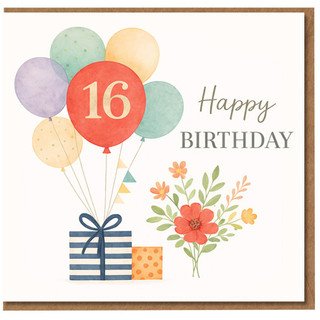 16th Birthday Card, Happy Birthday Balloons and Flowers