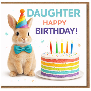 Daughter Birthday Card, Cute Rabbit and Rainbow Cake Happy Birthday Card