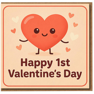 Happy 1st Valentine's Day Card - Cute Heart Character - First Valentine Keepsake for Baby, Child or Couple - Sweet Love Card - Blank Inside with Envelope