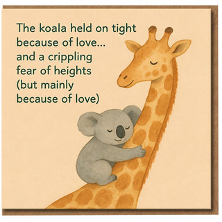 Funny Koala and Giraffe Love Card - Cute Animal Illustration - Anniversary & Valentine's Day Card - 'Held On Tight Because of Love'