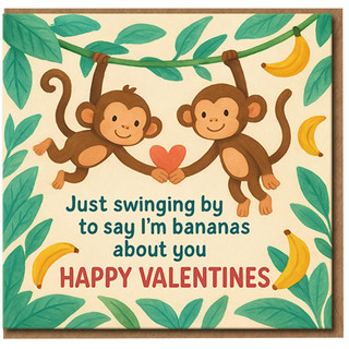 Valentine's Day Card - Cute Monkeys 'I'm Bananas About You' Pun - Hanging Monkeys with Heart and Bananas - Romantic Card for Partner, Boyfriend or Girlfriend