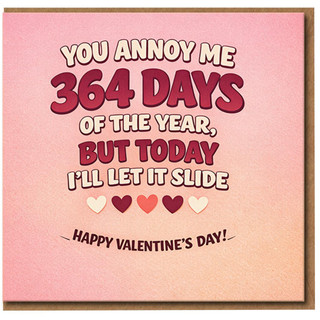 Funny Valentine's Day Card - You Annoy Me 364 Days of the Year, But Today I'll Let It Slide - Humorous Card for Boyfriend, Girlfriend, Husband or Wife - Pink Hearts