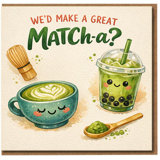 Matcha Pun Love Card - We'd Make a Great Matcha - Cute Latte & Bubble Tea Anniversary or Valentine's Day Card for Partner, Boyfriend or Girlfriend