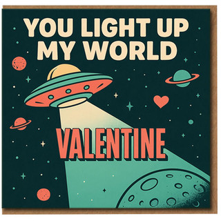 Valentine's Day Card - You Light Up My World - Retro Space UFO, Planets and Heart - Cute Sci-Fi Love Card for Boyfriend, Girlfriend, Husband or Wife