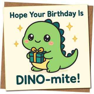 Cute Dinosaur Birthday Card – DINO-mite Pun, 145mm x 145mm, Funny Kids & Adults Greeting Card, Includes Kraft Envelope