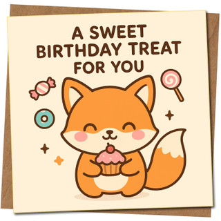 Cute Fox Birthday Card – A Sweet Birthday Treat For You – 145mm x 145mm – Adorable Cupcake Design for Kids, Friends or Family, Includes Kraft Envelope