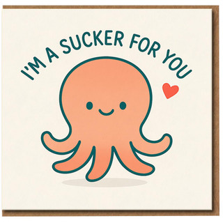 Funny Octopus Pun Love Card - I'm A Sucker For You - Cute Kawaii Sea Creature Illustration - Anniversary or Valentine's Day Card for Boyfriend, Girlfriend, Husband or Wife