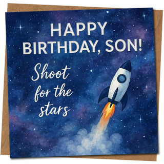 Son Birthday Card - Space Rocket Design - 'Happy Birthday, Son! Shoot for the Stars' - 145mm x 145mm - Cute Inspirational Card, Includes Kraft Envelope