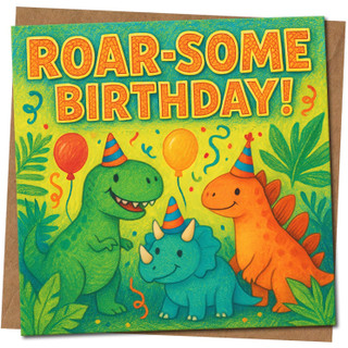 Dinosaur Birthday Card - Roar-some Birthday! Cute Kids Dinos Design, Colourful Balloons & Party Hats - 145mm x 145mm Square Children’s Card, Includes Kraft Envelope