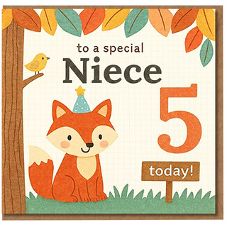 Niece 5th Birthday Card, Cute Fox and Woodland Party Design