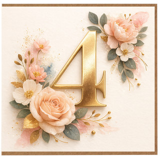 4th Birthday Card, Gold Number 4 Floral Birthday Card
