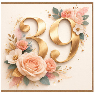39th Birthday Card, Floral Gold Number 39 Card