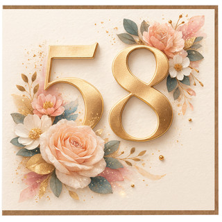 58th Birthday Card, Floral Gold Number 58 Card