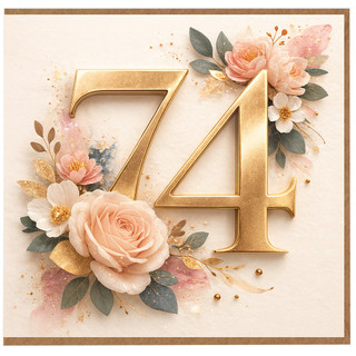 74th Birthday Card, Floral Gold Number 74 Birthday Card