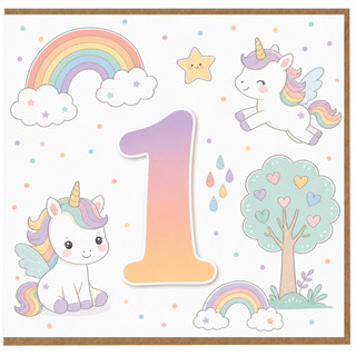 1st Birthday Card, Cute Unicorn and Rainbow Card