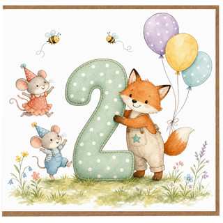 2nd Birthday Card Cute Fox and Mice with Balloons