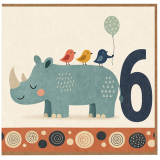 6th Birthday Card, Cute Rhino and Birds Card