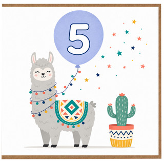 5th Birthday Card for Child, Cute Llama and Cactus Design