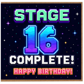 16th Birthday Card, Retro Gaming Birthday Card, Stage 16 Complete Birthday Card