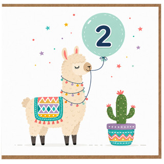 2nd Birthday Card, Cute Llama Balloon Card
