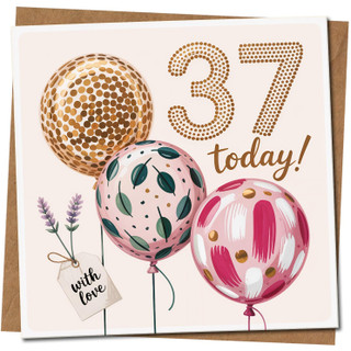 37th Birthday Card - Gold & Pink Balloons, ‘37 Today!’, 145mm x 145mm Square, Includes Kraft Envelope