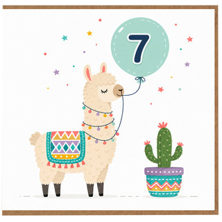 7th Birthday Card for Child, Cute Llama Balloon Birthday Card