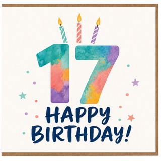 17th Birthday Card, Colourful Happy Birthday Candle Design