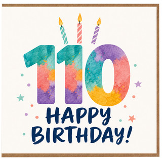 110th Birthday Card with large painted-style numerals, three lit birthday candles above