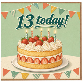 13th Birthday Card, 13 Today Cake and Candles Birthday Card
