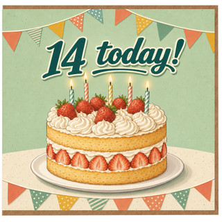 14th Birthday Card, Strawberry Cake and Bunting Design