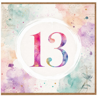 13th Birthday Card, Pastel Watercolour Number 13 Birthday Card