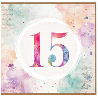 15th Birthday Card, Pastel Watercolour Number 15 Greeting Card